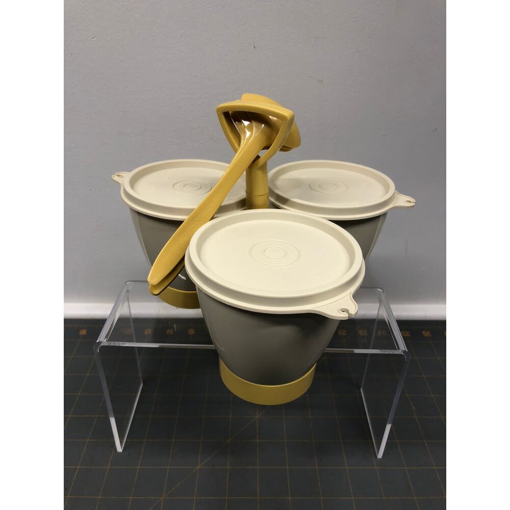 Vintage Tupperware Condiment Caddy 3 Bowls, lids & Spoons Beige/Gold Complete